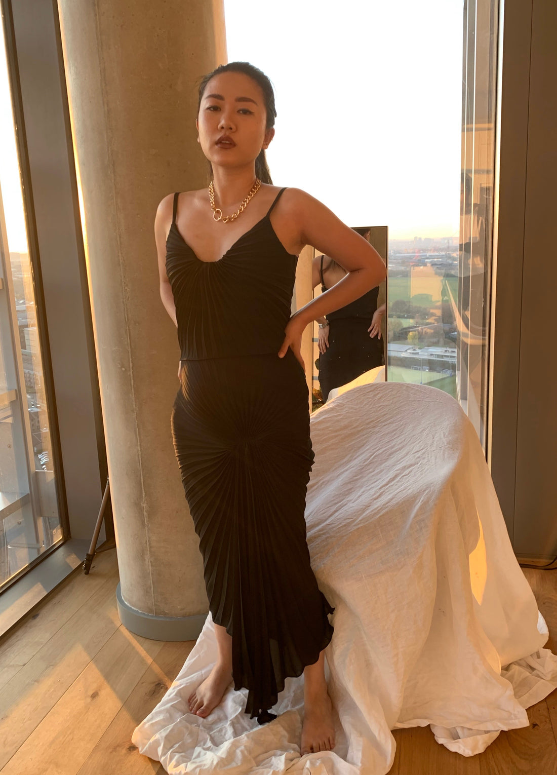 Andrea Cheong wears her Sustainable Dazed Dress to support GH Age UK Charity Campaign