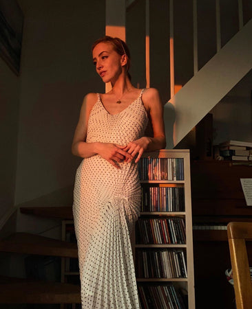Sarah Mikaela wears her Sustainable Dazed Dress to support GH Age UK Charity Campaign