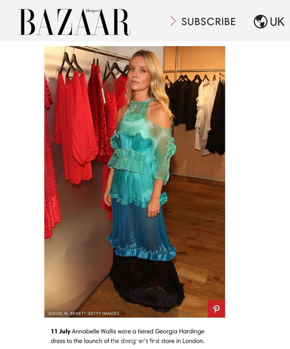 Harper's Bazaar features Annabelle Wallis in the AW19 Quartz Dress at Georgia Hardinge's Store Launch