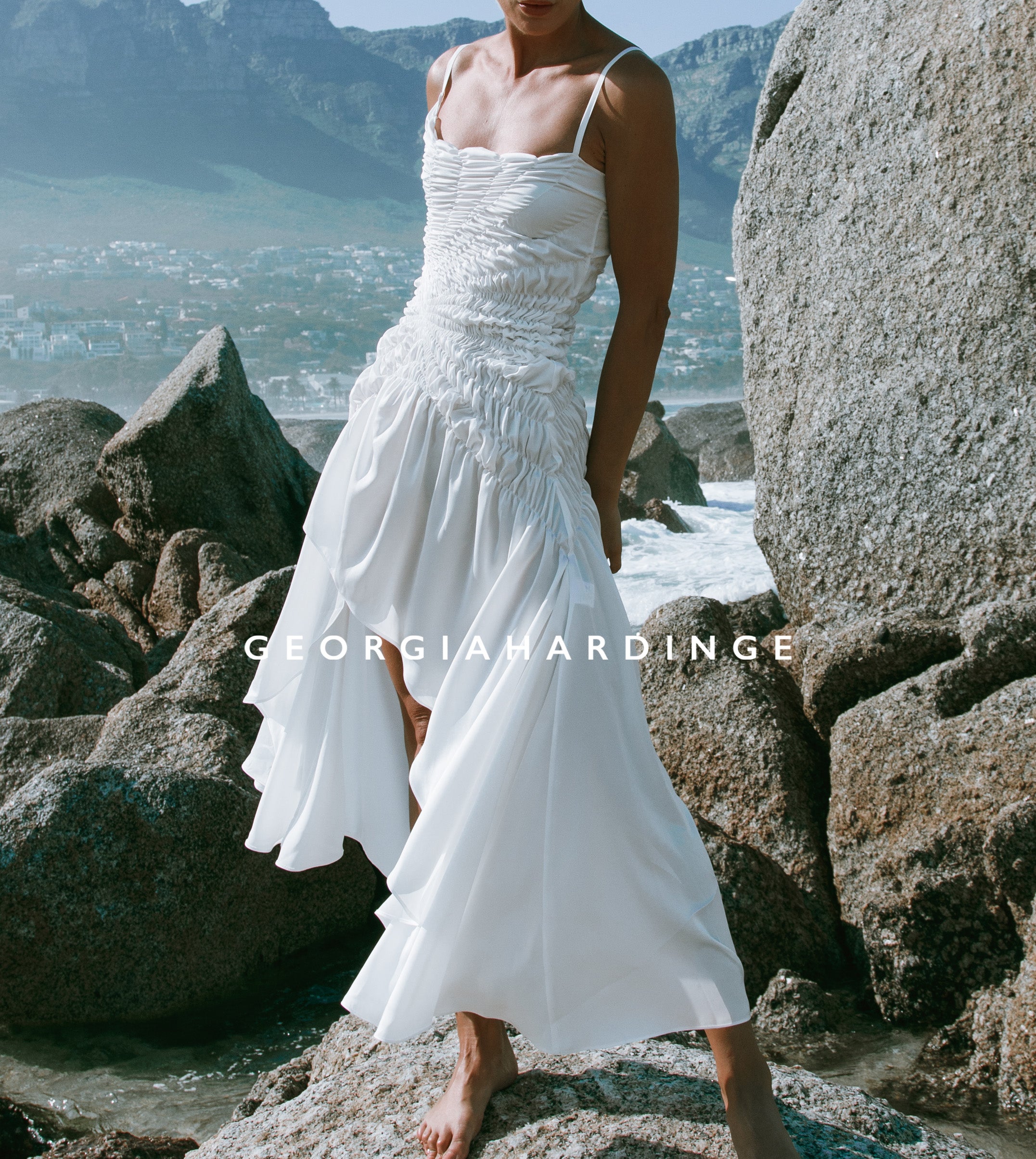 georgia hardinge celestial shirred satin midi dress Georgia Hardinge Exclusive Celestial Shirred-satin Midi Dress In Ivory