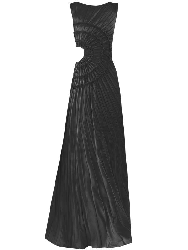 Black velvet pleated dress with sunray design on the side