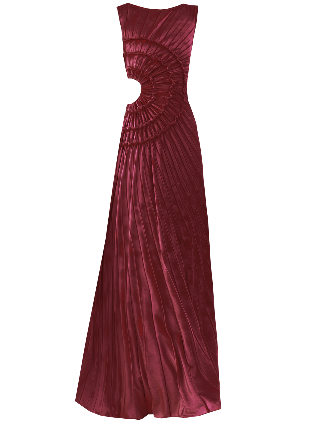 Merlot colored dress with a pleated design and unique gathered front detail