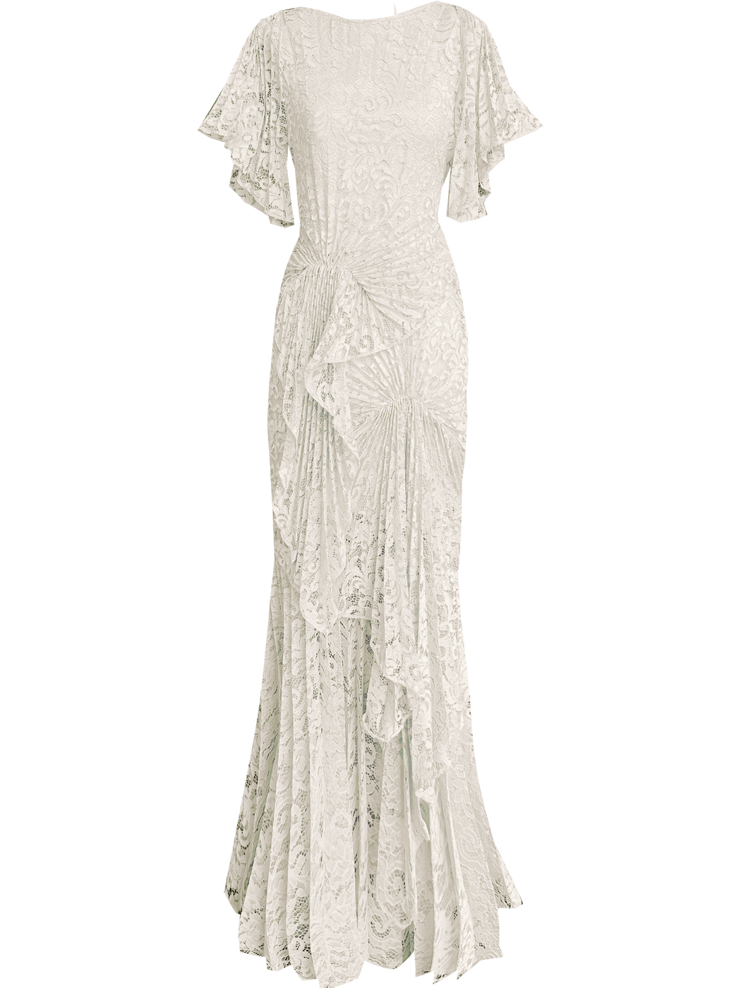 White floor-length dress pleated in a waterfall flowing design with bamboo jersey lining 