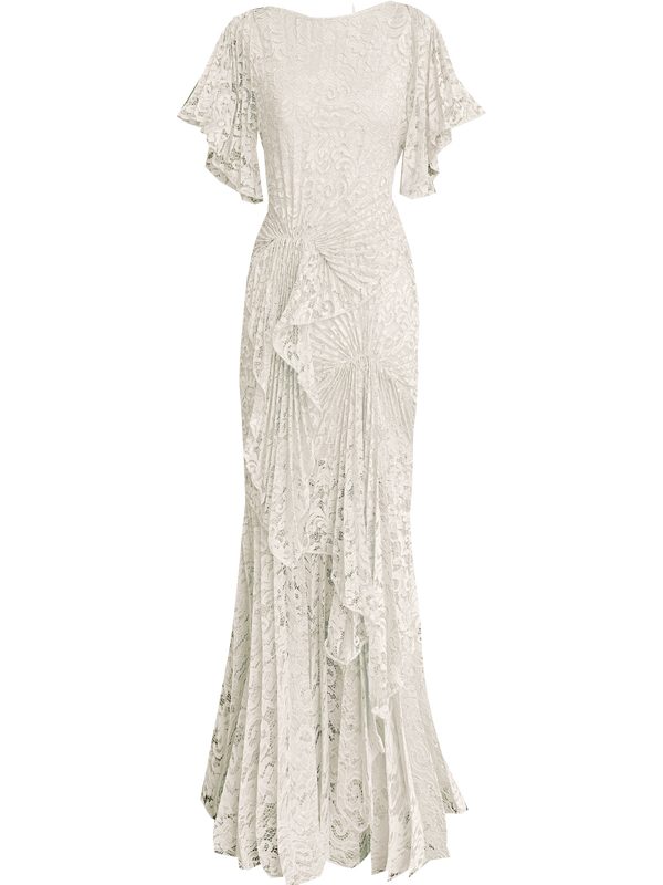 White floor-length dress pleated in a waterfall flowing design with bamboo jersey lining 