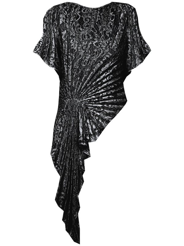 Pleated all over in a striking sunray design, it features a unique gathered front detail and a draped asymmetric hemline, adding movement and dimension. Crafted from exquisite French baroque-style lace, it flows gracefully to create a flattering silhouette.