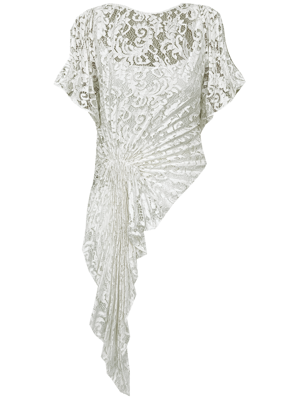 Pleated all over in a striking sunray design, features a unique gathered front detail and a draped asymmetric hemline, adding movement and dimension. Crafted from exquisite French baroque-style lace, it flows gracefully to create a flattering silhouette.