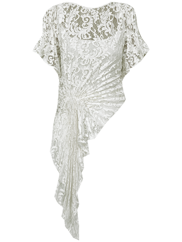 Pleated all over in a striking sunray design, features a unique gathered front detail and a draped asymmetric hemline, adding movement and dimension. Crafted from exquisite French baroque-style lace, it flows gracefully to create a flattering silhouette.