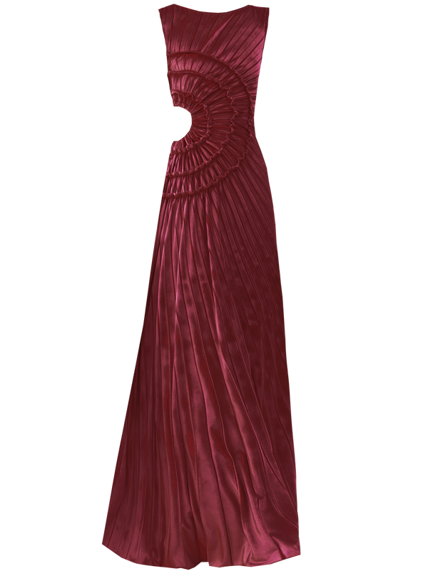 Merlot coloured floor length plush velvet dress, pleated all over in a striking sunray design, with intricate gathered tuck detailing in a circular motion creating a sculptural, three-dimensional silhouette.