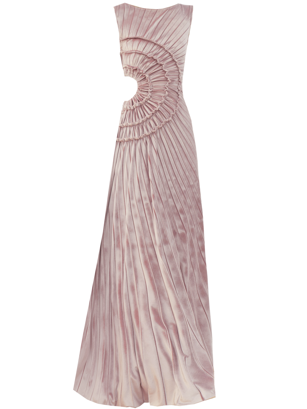 Pink sleeveless velvet floor length dress pleated all over in a striking sunray design with side cut out at waist