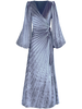 A floor length blue velvet wrap style dress pleated in an illusion style sunray with puff long sleeves.