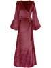A floor length merlot coloured velvet wrap style dress pleated in an illusion style sunray with puff long sleeves.