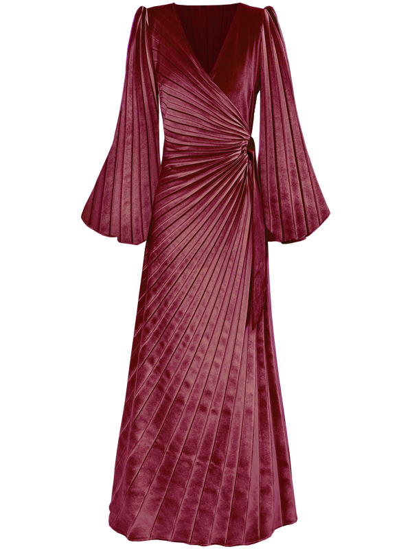 A floor length merlot coloured velvet wrap style dress pleated in an illusion style sunray with puff long sleeves.