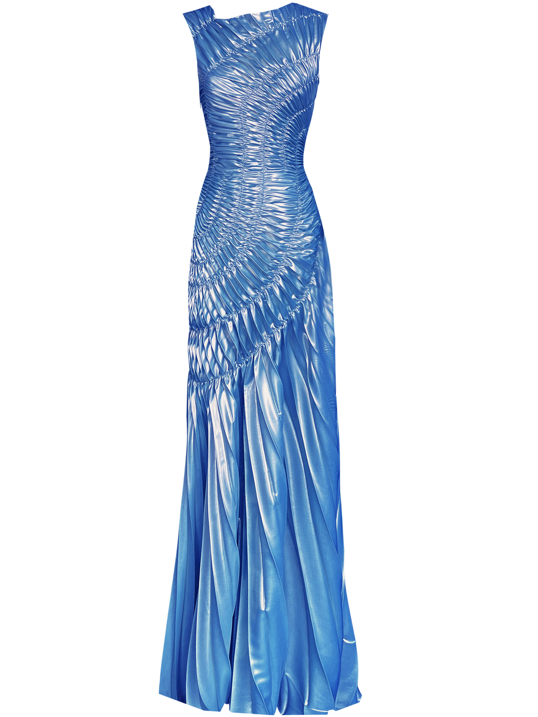 Blue metallic floor length dress showcases a unique circular motion design with elastic stitching that contours the body. Pleated in a Sunray pattern, it beautifully flatters the silhouette.