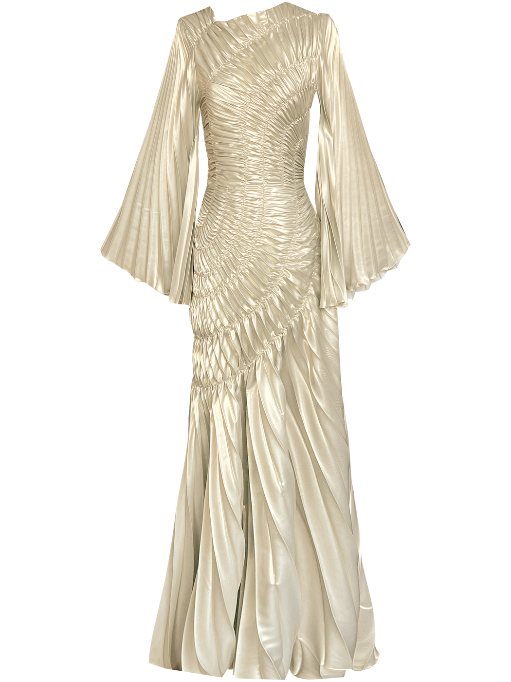 Ivory gold floor length metallic dress showcases a unique circular motion design with elastic stitching that contours the body, pleated in a Sunray pattern, it beautifully flatters the silhouette, a standout feature is the full-length pleated sleeve.