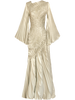 Ivory gold floor length metallic dress showcases a unique circular motion design with elastic stitching that contours the body, pleated in a Sunray pattern, it beautifully flatters the silhouette, a standout feature is the full-length pleated sleeve.