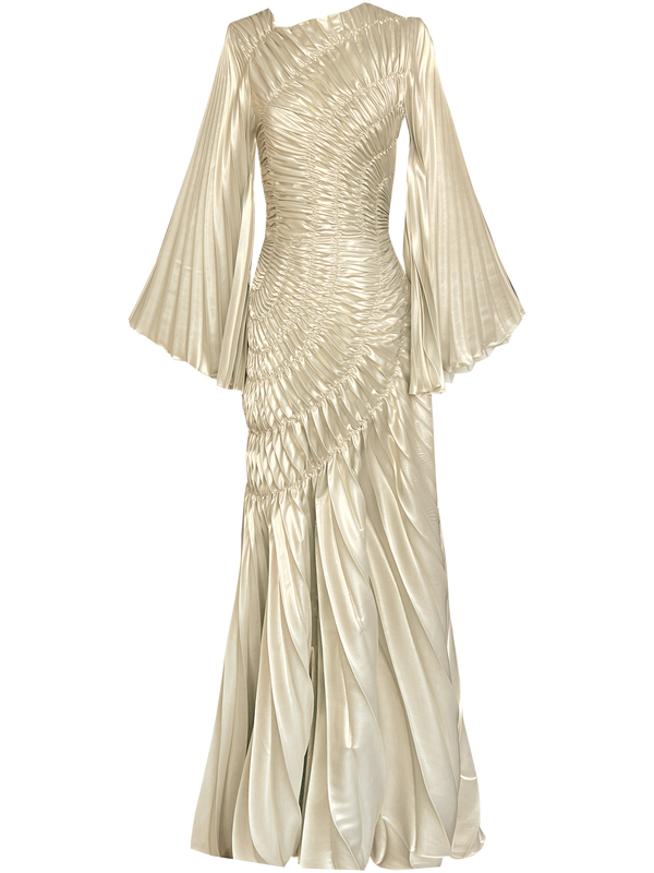 Ivory gold floor length metallic dress showcases a unique circular motion design with elastic stitching that contours the body, pleated in a Sunray pattern, it beautifully flatters the silhouette, a standout feature is the full-length pleated sleeve.