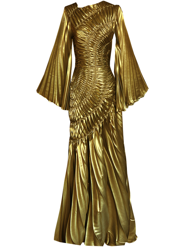 Ultra gold floor length metallic dress showcases a unique circular motion design with elastic stitching that contours the body, pleated in a Sunray pattern, it beautifully flatters the silhouette, a standout feature is the full-length pleated sleeve.