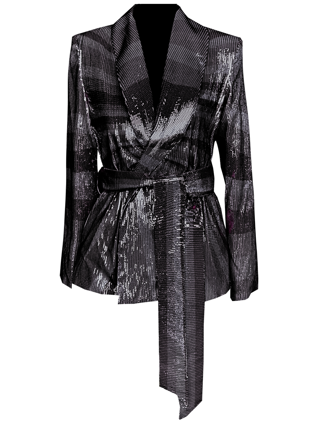 Black wrap-style sequin blazer with sunray stripes