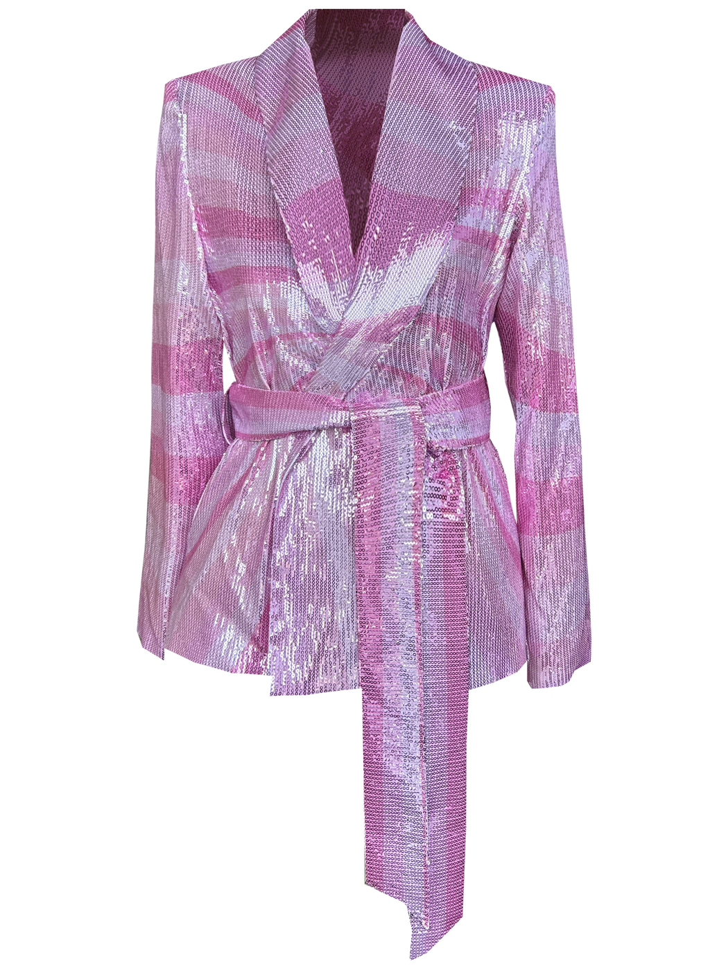 Pink wrap-style sequin blazer with sunray stripes