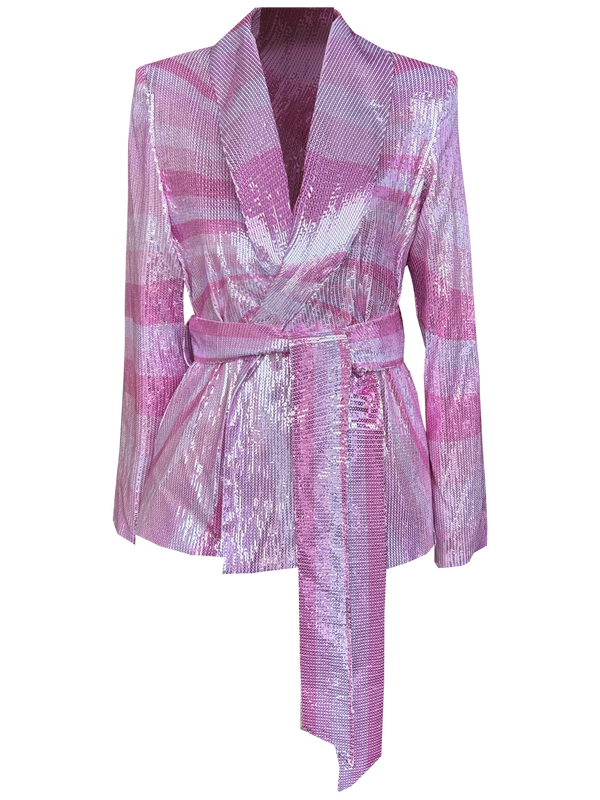Pink wrap-style sequin blazer with sunray stripes