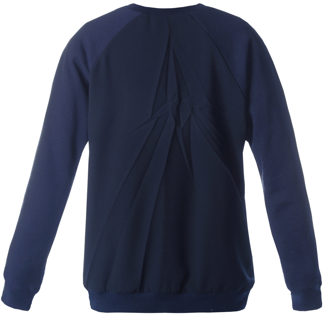 Navy blue sweatshirt with a pleated design on the back.
