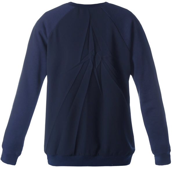 Navy blue sweatshirt with a pleated design on the back.
