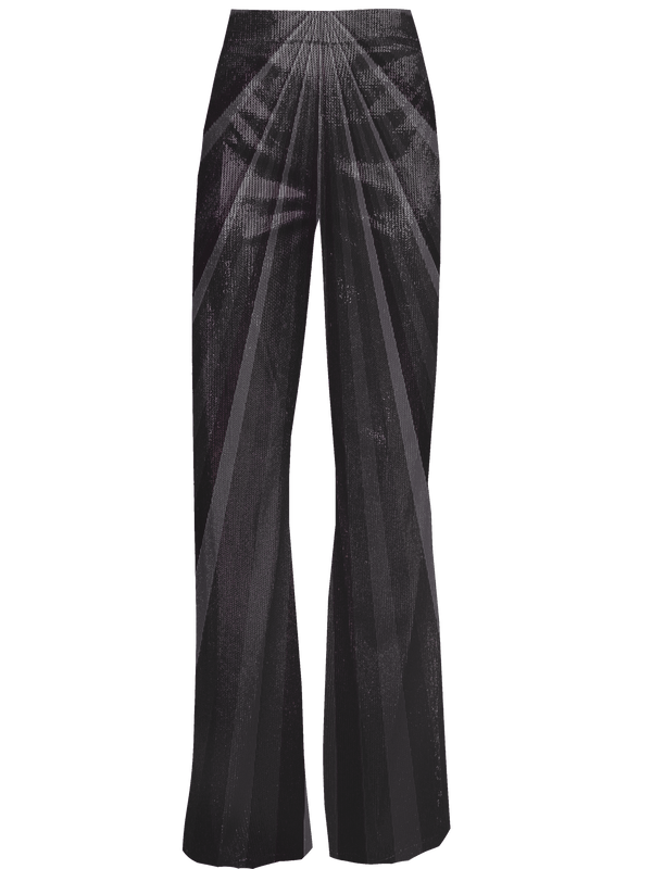 Black sequin trouser with array of sunray stripes pattern