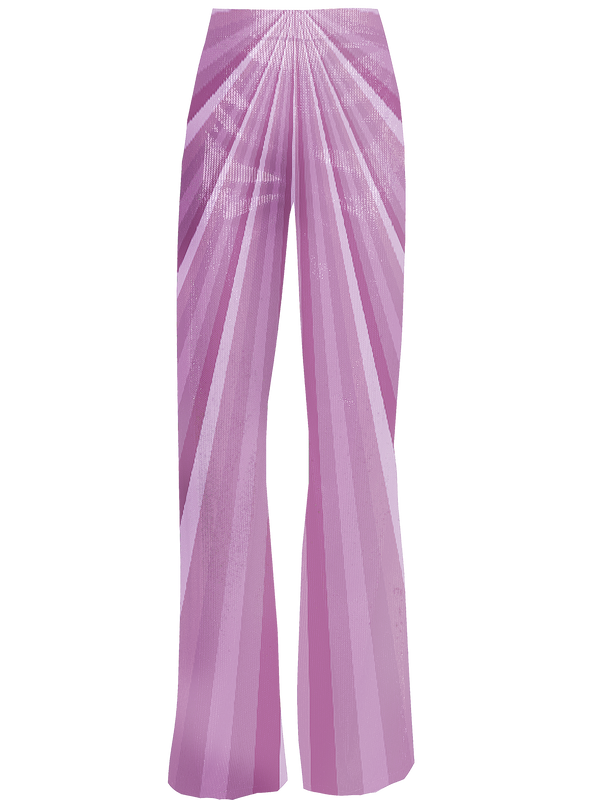Pink sequin trouser with array of sunray stripes pattern