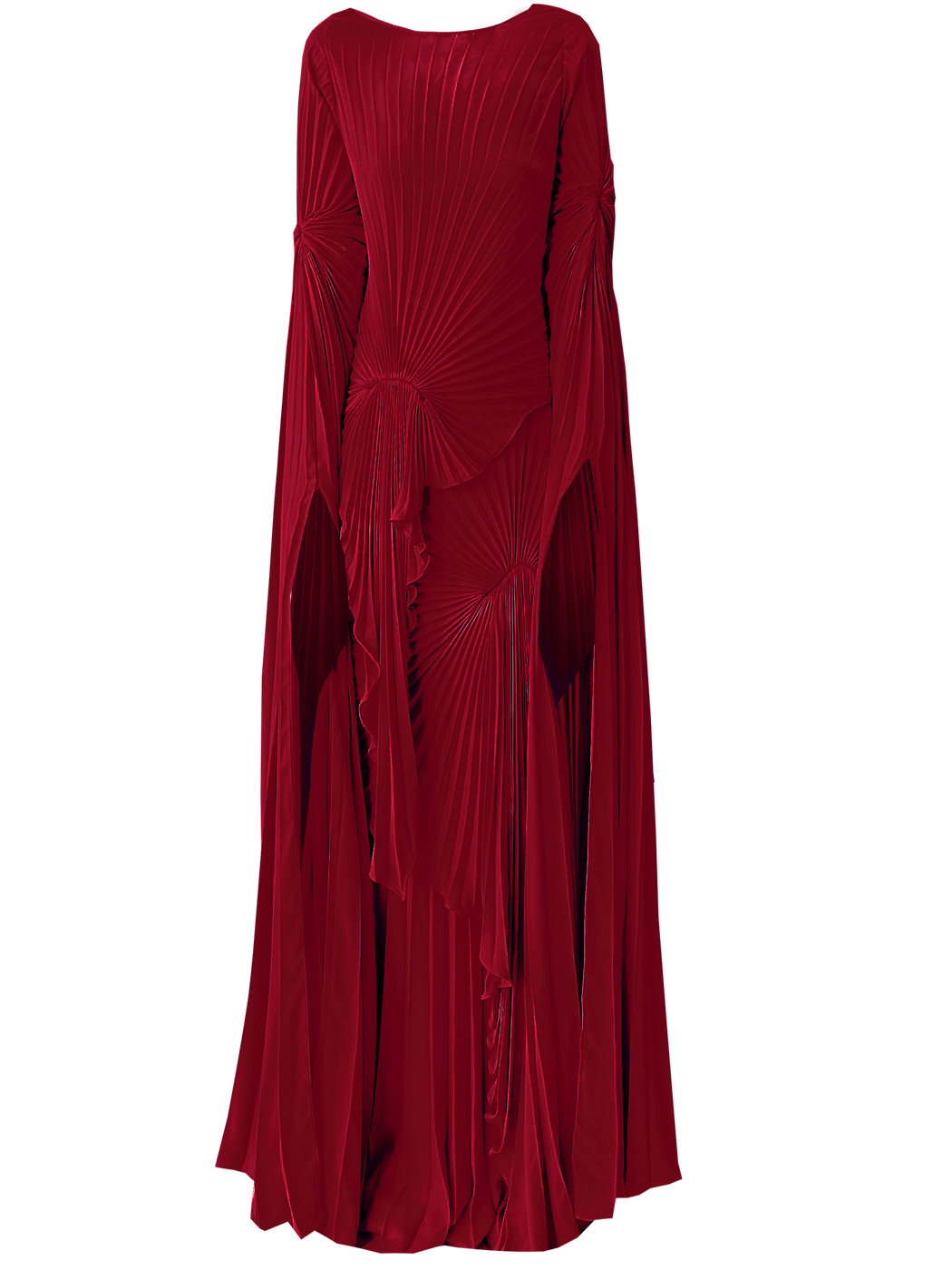 Floor-length merlot dress with delicate pleating, high neckline, and waist tie for an elegant, flattering silhouette.