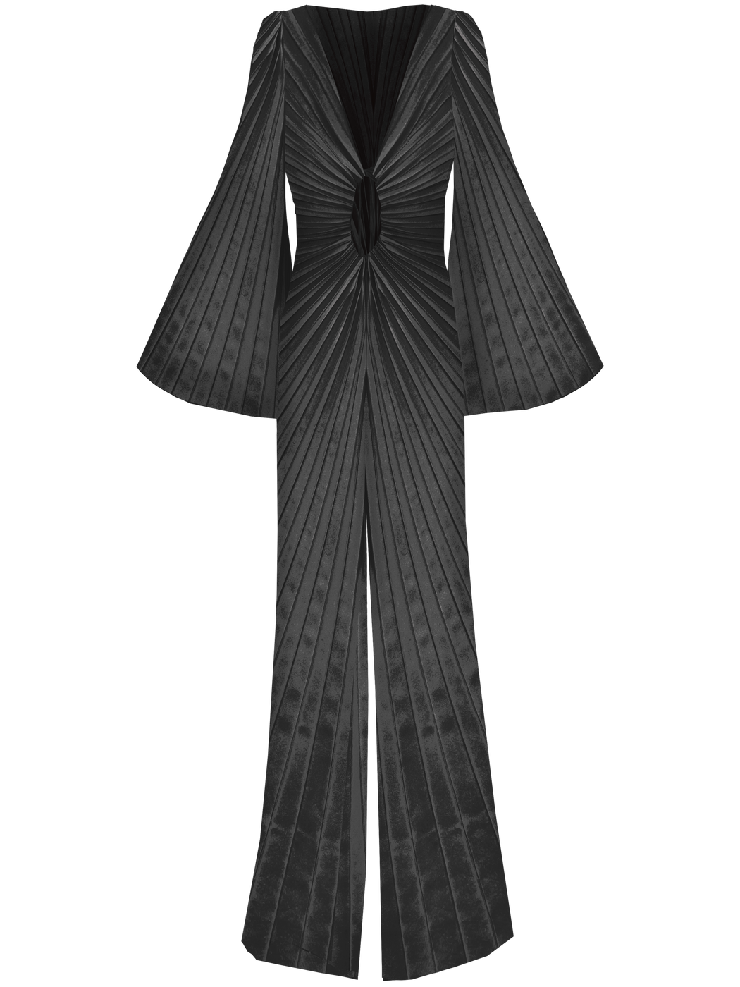 Black velvet floor-length gown pleated all over in a striking sunray design with keyhole detail.