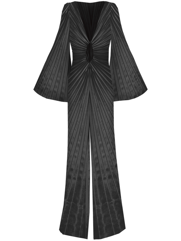 Black velvet floor-length gown pleated all over in a striking sunray design with keyhole detail.