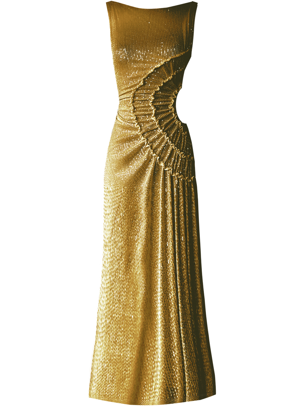 Gold statement dress brought to life with all-over shimmering sequins. Intricate gathered tuck detailing in a circular motion creates a sculptural, flattering silhouette that catches the light beautifully from every angle.