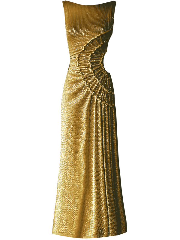 Gold statement dress brought to life with all-over shimmering sequins. Intricate gathered tuck detailing in a circular motion creates a sculptural, flattering silhouette that catches the light beautifully from every angle.