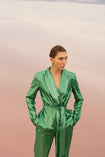 Model wearing a green sequin blazer with a wrap style front and exaggerated shawl lapel, paired with high rise green sequin trousers with a wide leg cut, creating a flattering, elongated, and statement making silhouette, against a gradient background.