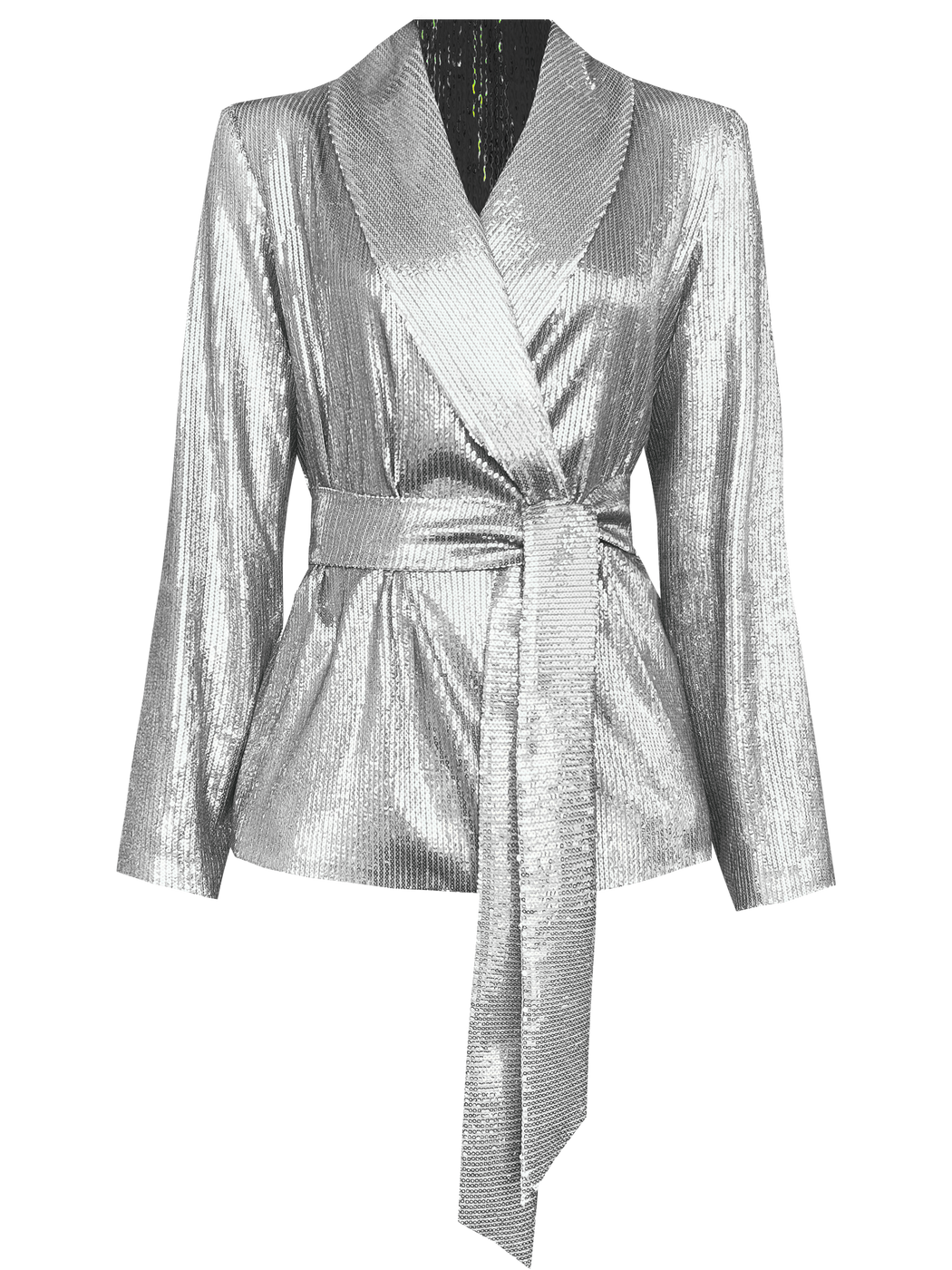 Relaxed fit wrap style silver sequin blazer with an exaggerated shawl lapel and waist cinching tie belt, creating a flattering, elegant silhouette.