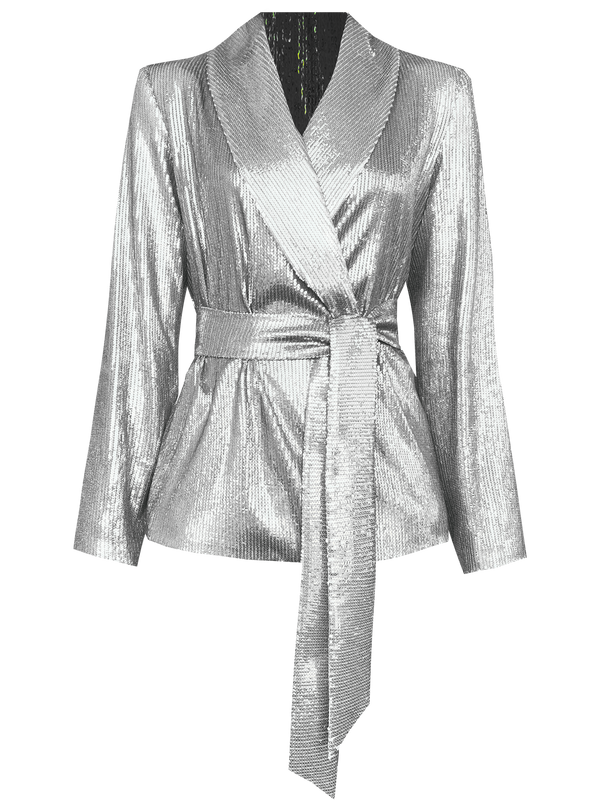 Relaxed fit wrap style silver sequin blazer with an exaggerated shawl lapel and waist cinching tie belt, creating a flattering, elegant silhouette.