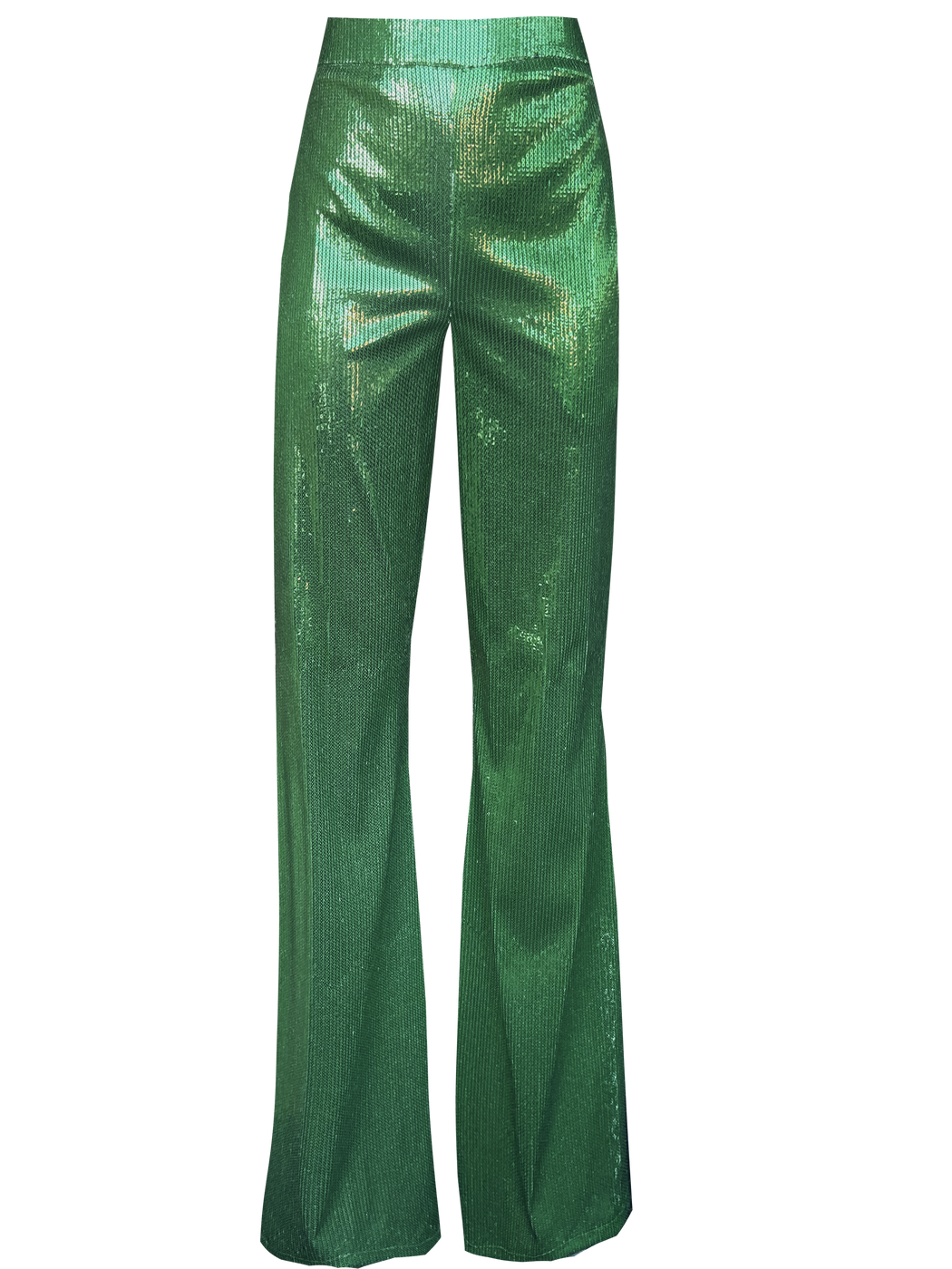 High rise green sequin trousers with a wide leg cut, designed to elongate the silhouette and create fluid, statement making movement.