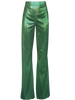High rise green sequin trousers with a wide leg cut, designed to elongate the silhouette and create fluid, statement making movement.