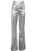 High rise silver sequin trousers with a wide leg cut, designed to elongate the silhouette and create fluid, statement making movement.