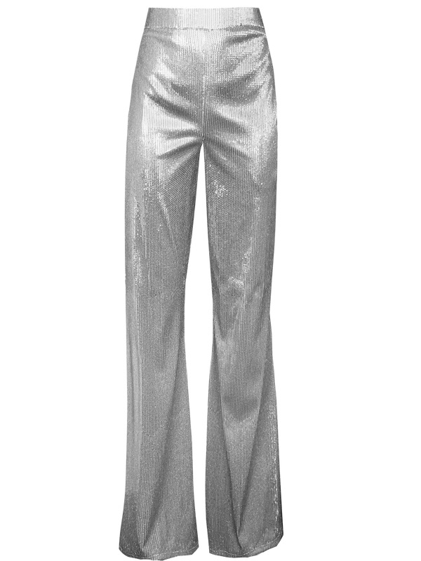 High rise silver sequin trousers with a wide leg cut, designed to elongate the silhouette and create fluid, statement making movement.