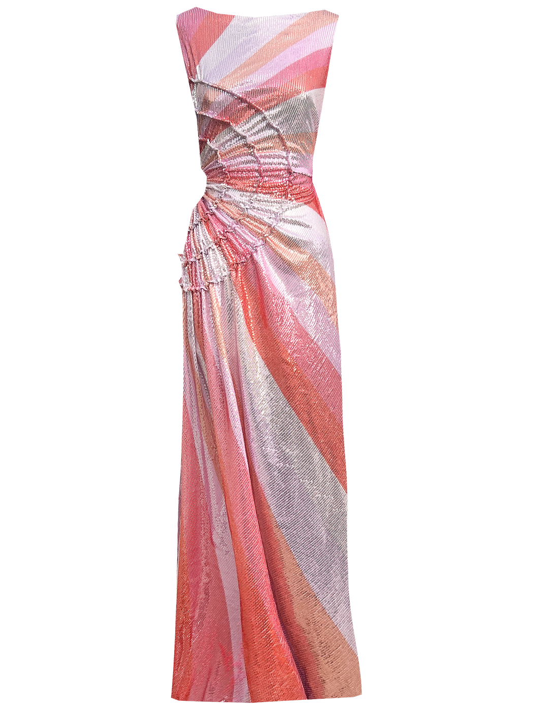 Pink statement dress with sunray stripes, all-over shimmering sequins, intricate gathered tuck detailing, sleeveless design, round neckline, ruched bodice, and an adjustable side cut-out at the waist for a flattering, eye-catching silhouette.
