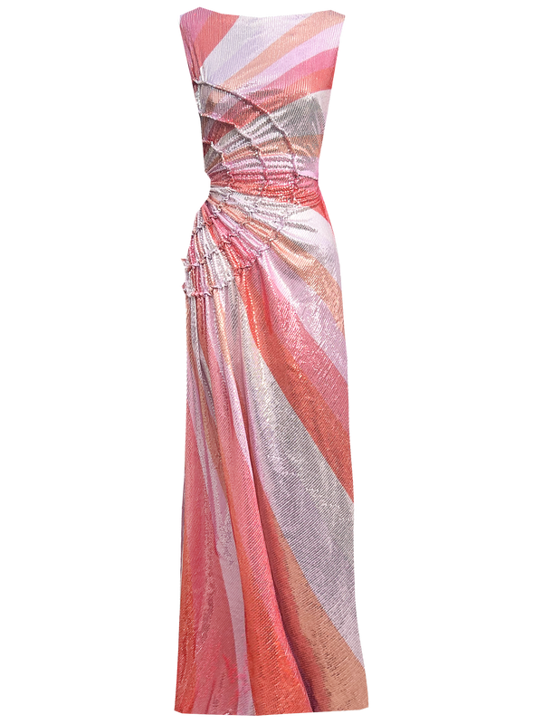 Pink statement dress with sunray stripes, all-over shimmering sequins, intricate gathered tuck detailing, sleeveless design, round neckline, ruched bodice, and an adjustable side cut-out at the waist for a flattering, eye-catching silhouette.
