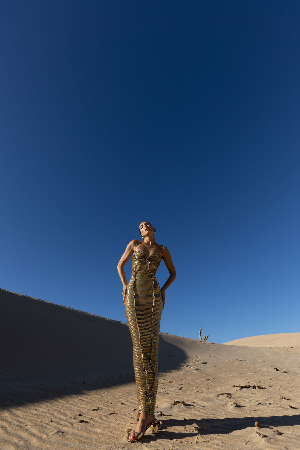 Model in a gold pleated ankle-length sequin dress with unique tuck detailing down the front with a separate bamboo jersey lace standing on a sand dune under a clear blue sky.
