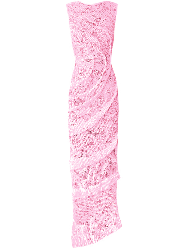 A striking contemporary pink floor length dress, pleated all over with statement tucks in a circular motion on an intricate French Baroque style lace, flattering the body. 