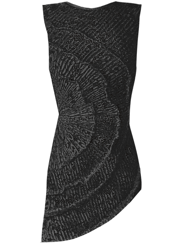 A striking contemporary black top, pleated all over with statement tucks in a circular motion on an intricate French Baroque style lace, flattering the body. 