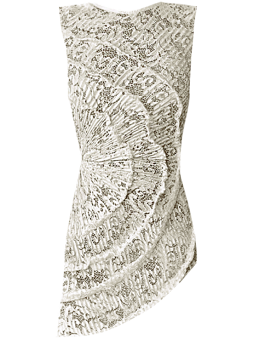 A striking contemporary ivory top, pleated all over with statement tucks in a circular motion on an intricate French Baroque style lace, flattering the body. 