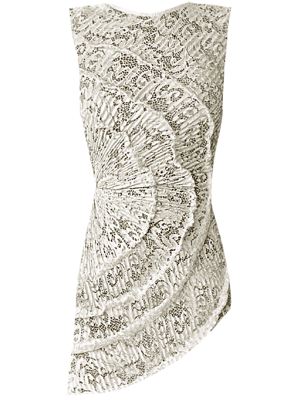 A striking contemporary ivory top, pleated all over with statement tucks in a circular motion on an intricate French Baroque style lace, flattering the body. 