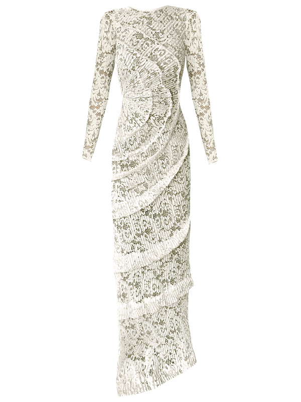 A striking contemporary ivory-coloured floor length dress against the concrete wall, pleated all over with statement tucks in a circular motion on an intricate French Baroque style lace, flattering the body. This dress has full length sleeves.
