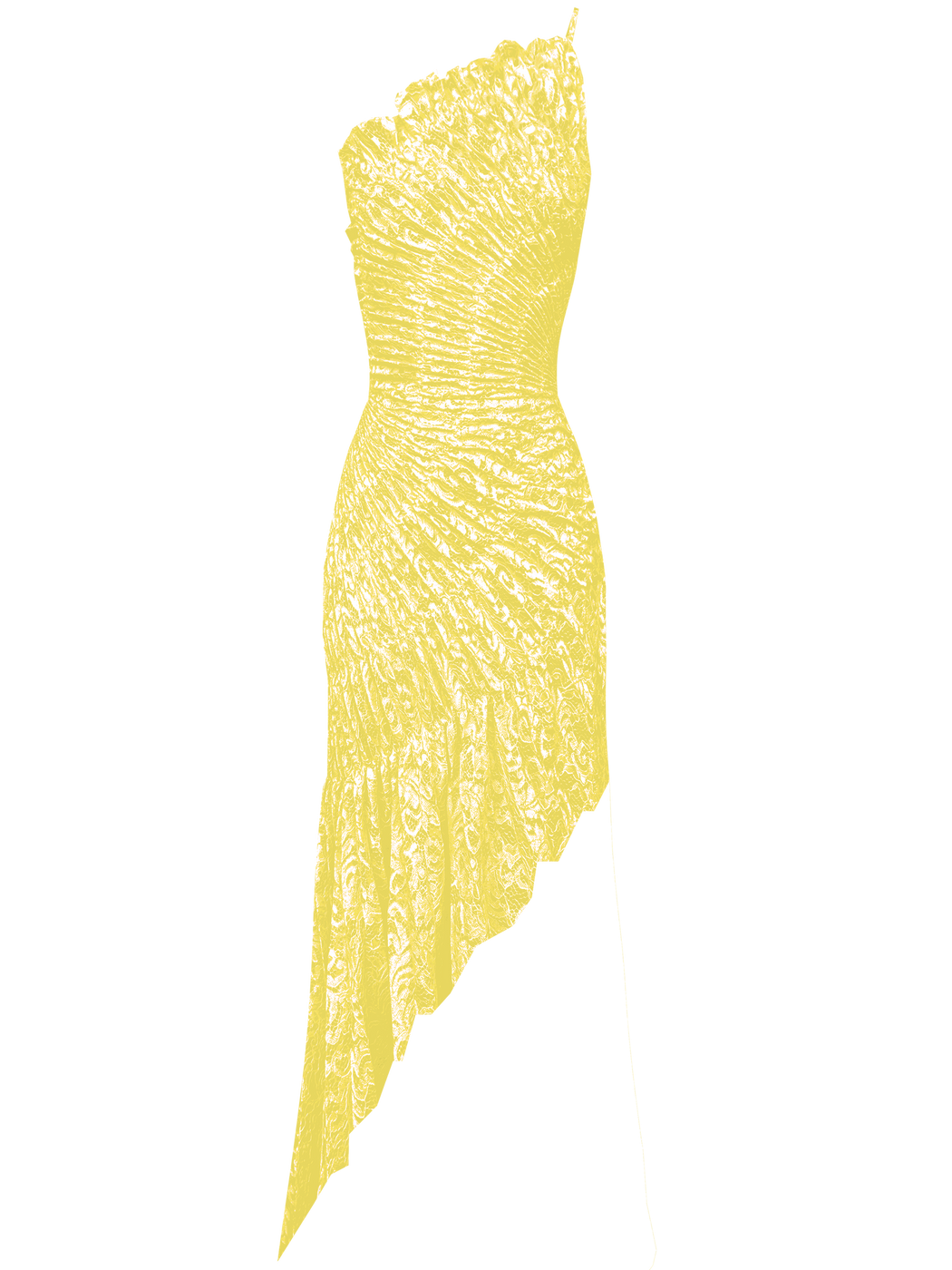 Lemon-coloured midi length dress showcases a captivating fossil-inspired design with elastic stitches that contour the body, cinching the waist. Pleated in a Sunray pattern on a beautiful French baroque style Lace, this dress flatters the silhouette.