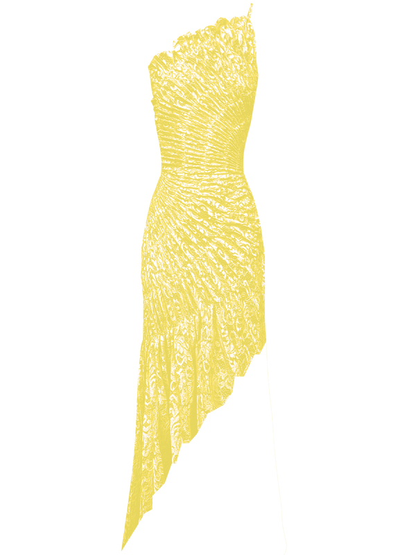 Lemon-coloured midi length dress showcases a captivating fossil-inspired design with elastic stitches that contour the body, cinching the waist. Pleated in a Sunray pattern on a beautiful French baroque style Lace, this dress flatters the silhouette.